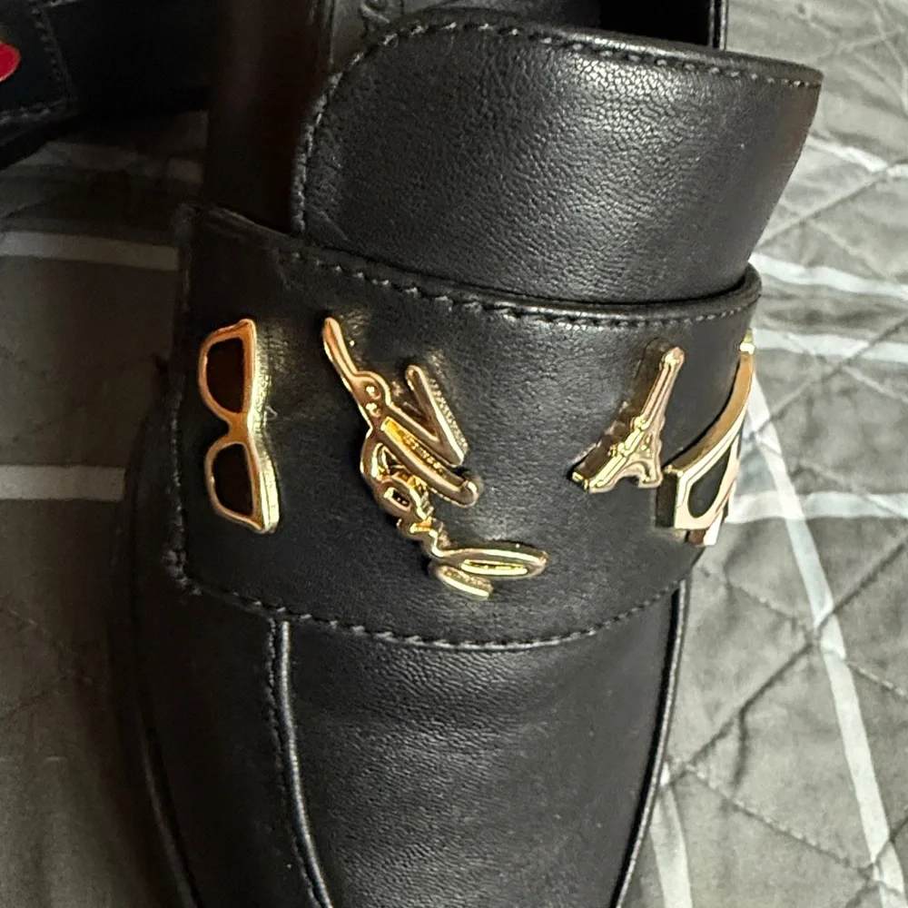 Karl Lagerfeld Black Loafers with Gold Tone Accents NWOB Sz 7.5